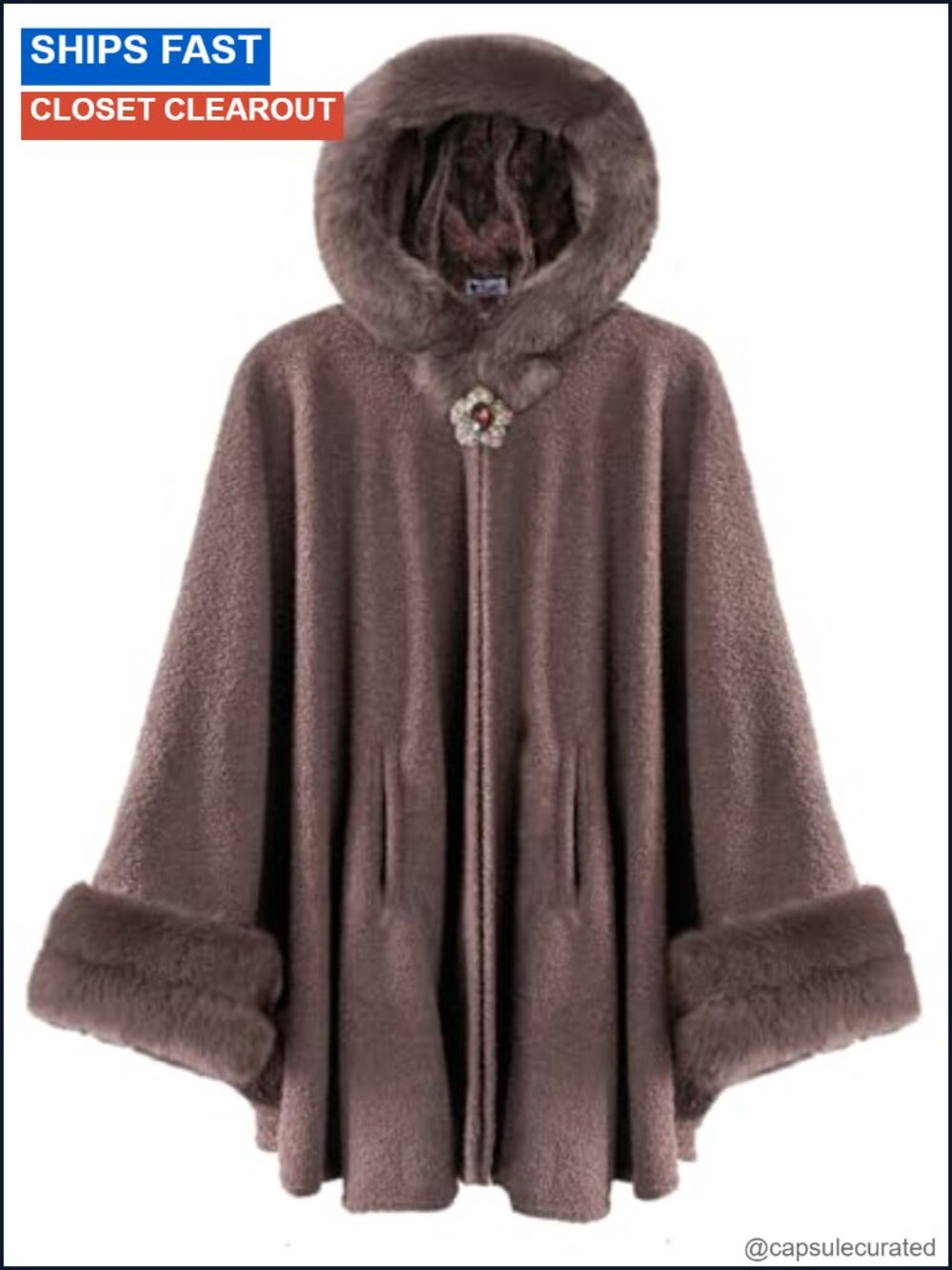 Faux Fur Trim Hooded Cape Coat Fleece Lined Poncho Winter Cloak